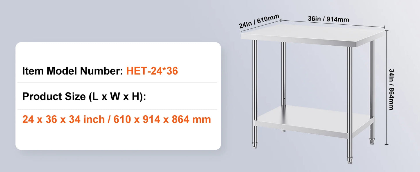 Stainless Steel Prep Table High Load Bearing with Undershelf Commercial Workstation for Kitchen Garage Restaurant Backyard