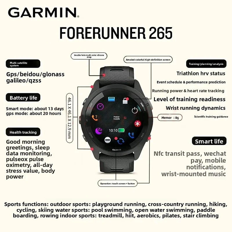 Forerunner 265 GPS 46mm Smartwatch 1.3" AMOLED Touchscreen Display Heart Rate Monitoring Training Metric Message Notice