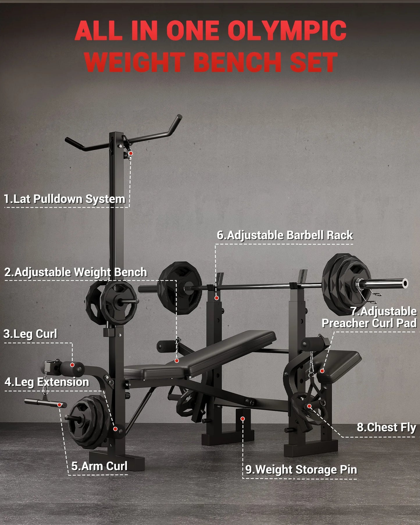 Adjustable 4-in-1 Weight Bench Set with Leg Developer Barbell Rack Butterfly Arm Preacher, Foldable Workout Bench for Home Gym