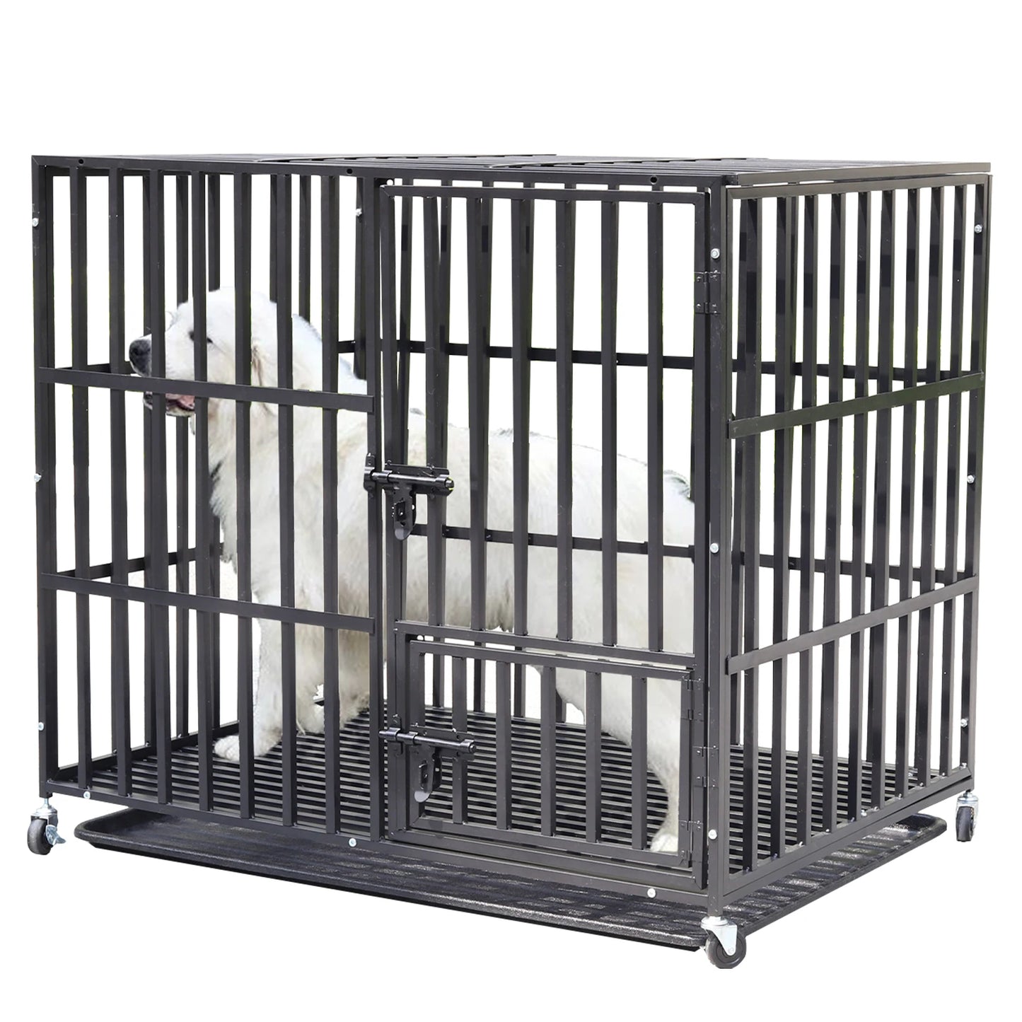 37” 42” 46” Heavy Duty Dog Cage Metal Pet Dog Crate 3 Doors Locks Design Kennel Playpen with 4 Wheels Removable Tray