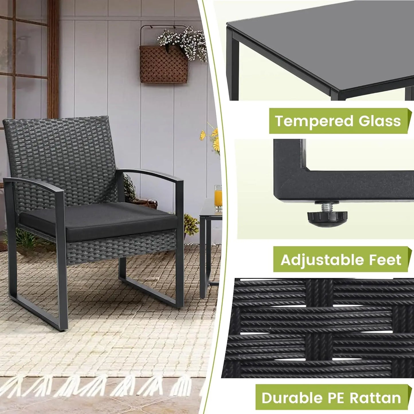 Black Frame Black Cushion 3 Piece Rattan Patio Bistro Set With Coffee Table For Balcony Porch Garden Yard Poolside