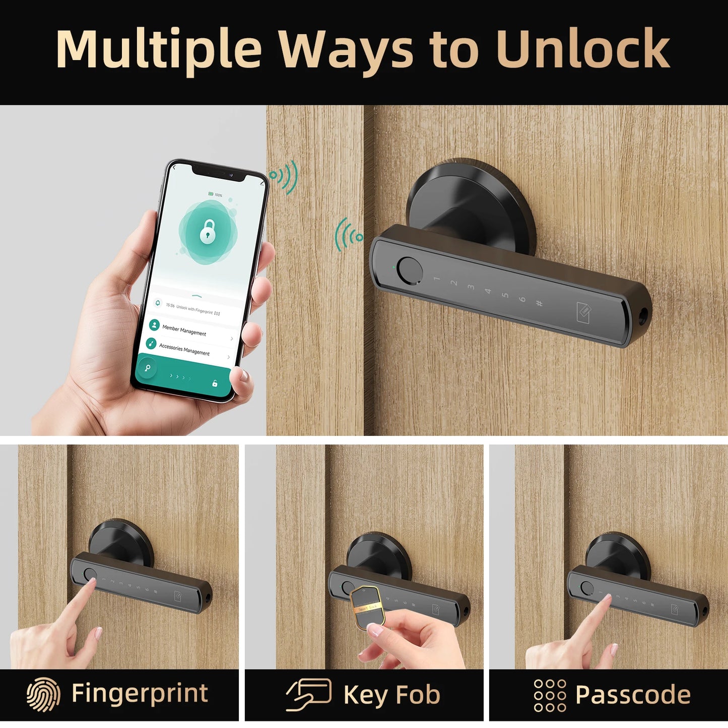 Handle Shaped Smart Lock Fingerprint Door Lock App Control Passcode Unlock Electronic Touchscreen Keypad Indoor