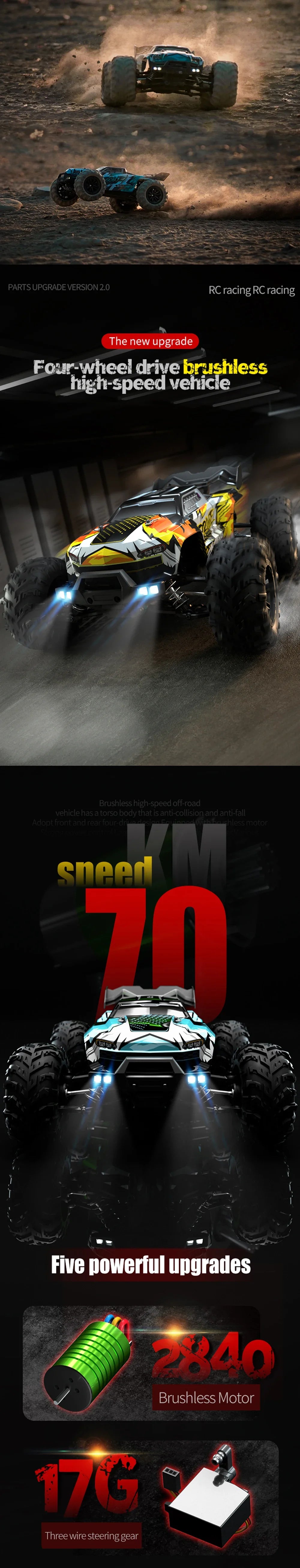 1:16 4WD RC Car 70KM/H Or 50KM/H With LED Light 2.4G Remote Control Cars High Speed Drift Monster 4x4 Truck for Children Gif