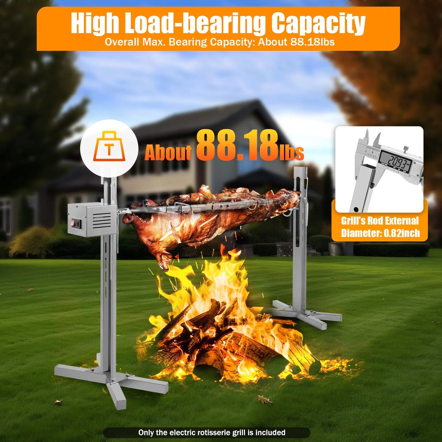 53" Automatic BBQ Rotisserie Grill Kit Height Adjustable Universal Roaster Stand Stainless Steel Hexagon Spit Rod for Pig Lamb