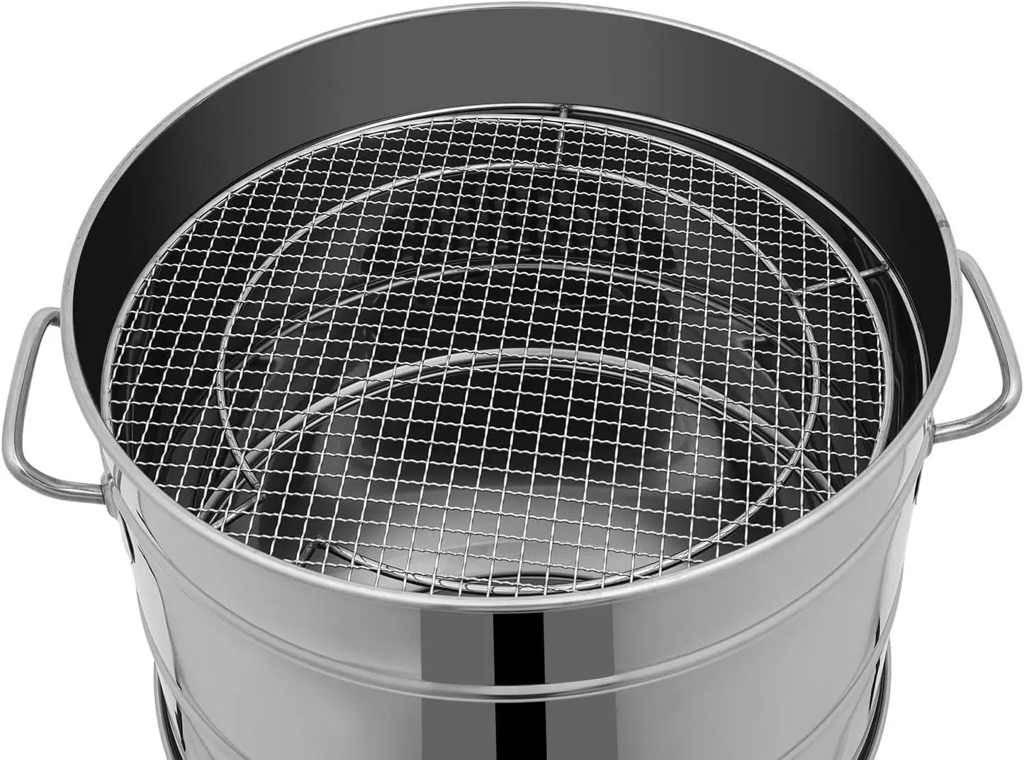 Large Stainless Steel Portable Smokeless Barbecue Charcoal Barrel Grill with Multiple Clips for Camping Picnics Backyard BBQs