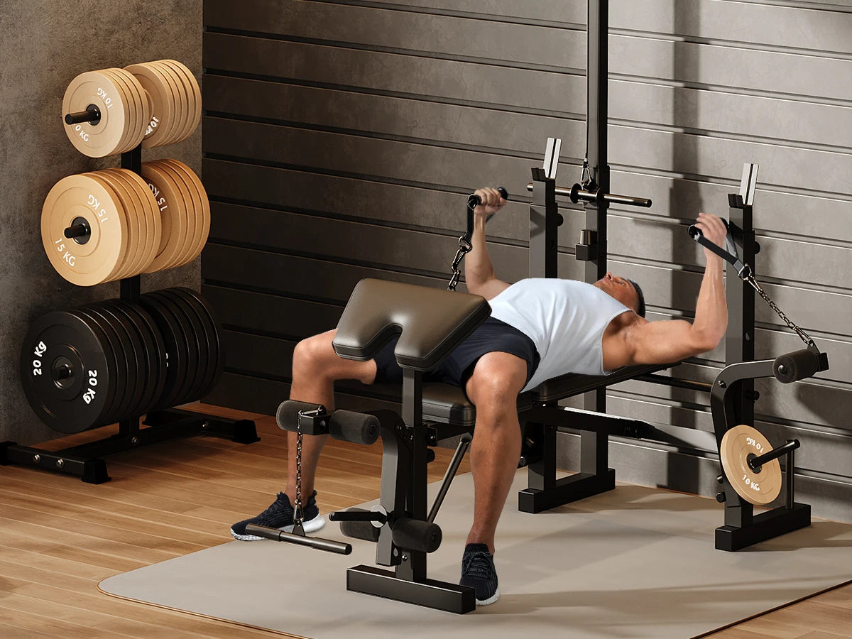 Adjustable 4-in-1 Weight Bench Set with Leg Developer Barbell Rack Butterfly Arm Preacher, Foldable Workout Bench for Home Gym