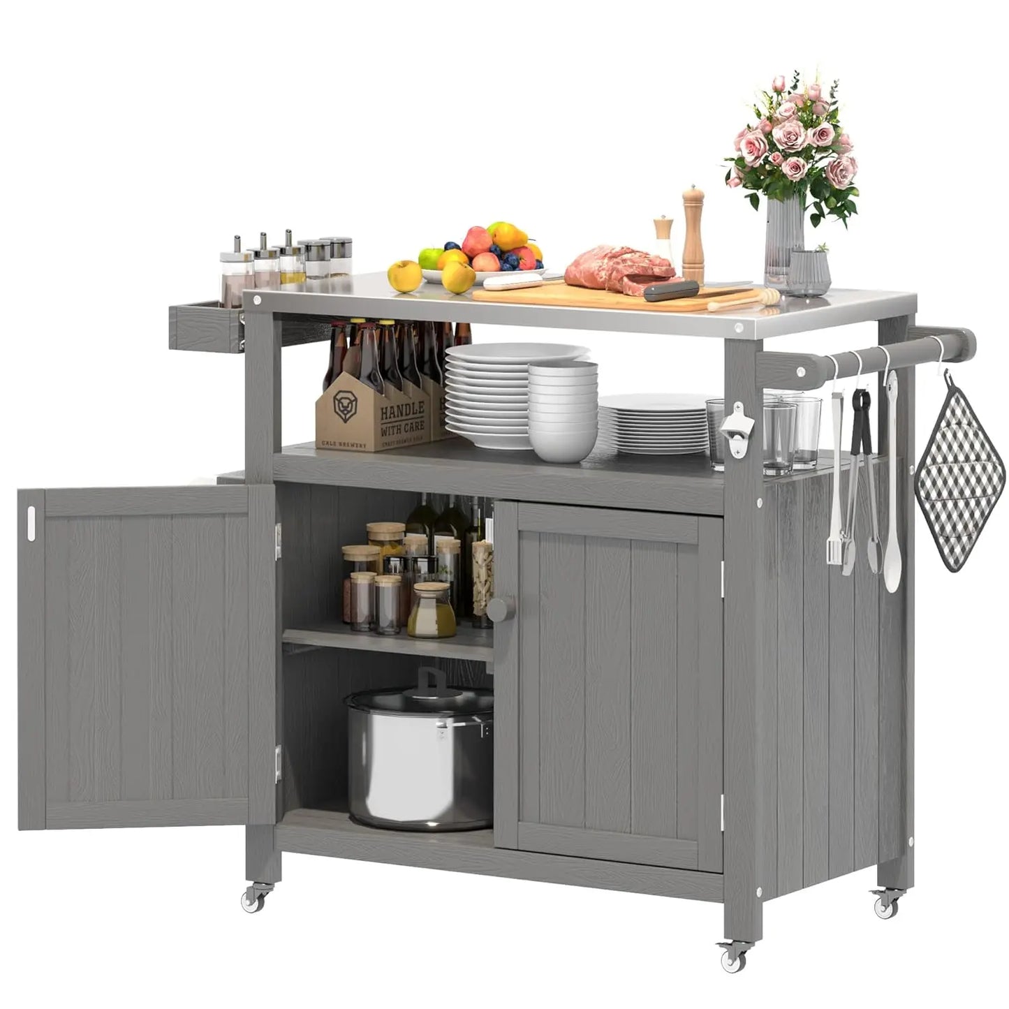HIPS Outdoor Kitchen Island Stainless Top Cabinet Wheels BBQ Prep Brown, Customized