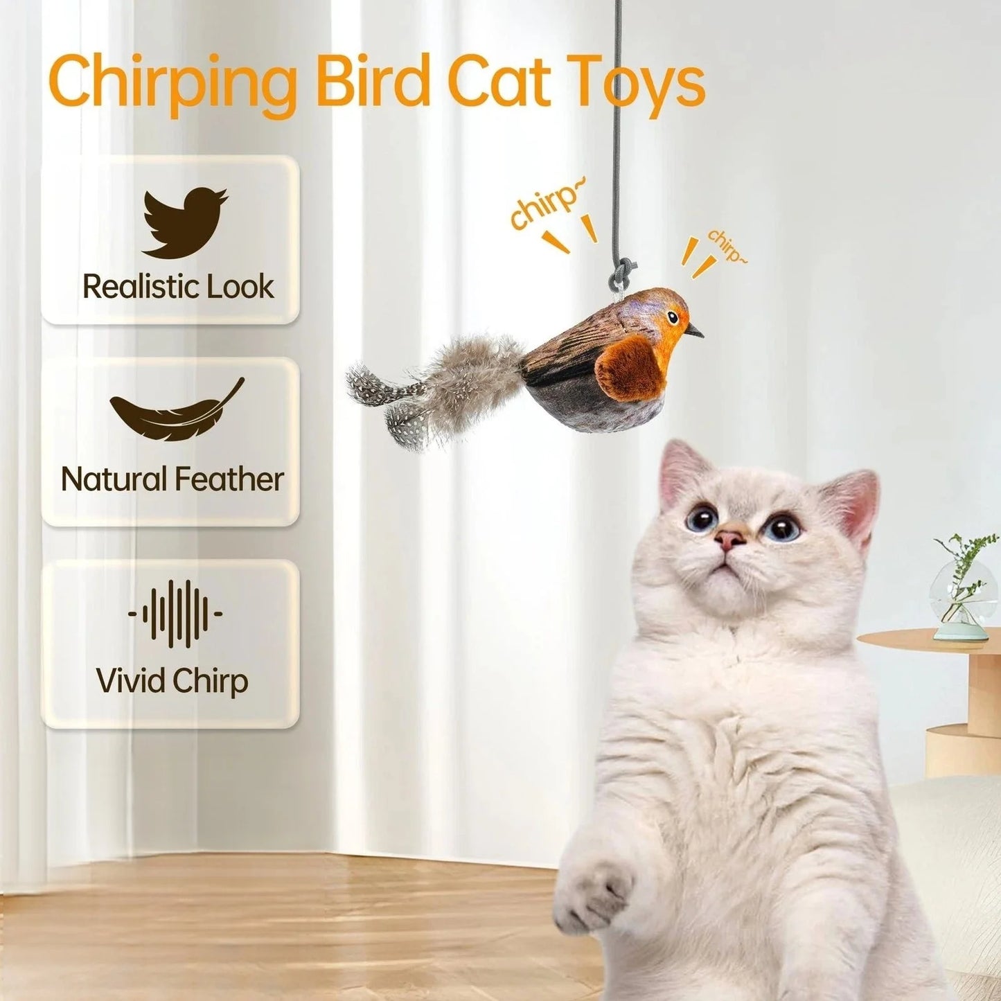 Interactive Chirping Bird Cat Toy | 1pc Hanging Bite-Resistant Feather Toy Realistic Sound Cat Teaser for Kittens Indoor Play