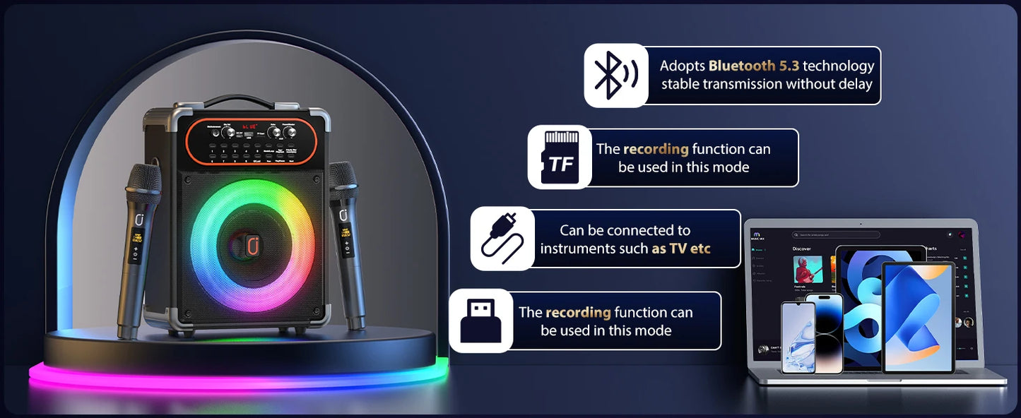 S68 Kara Ok with 2 Microphones, Portable Bluetooth 5.3 Kara Ok Speaker,Echo Adjustment, Supports Tv through Auxiliary Connection