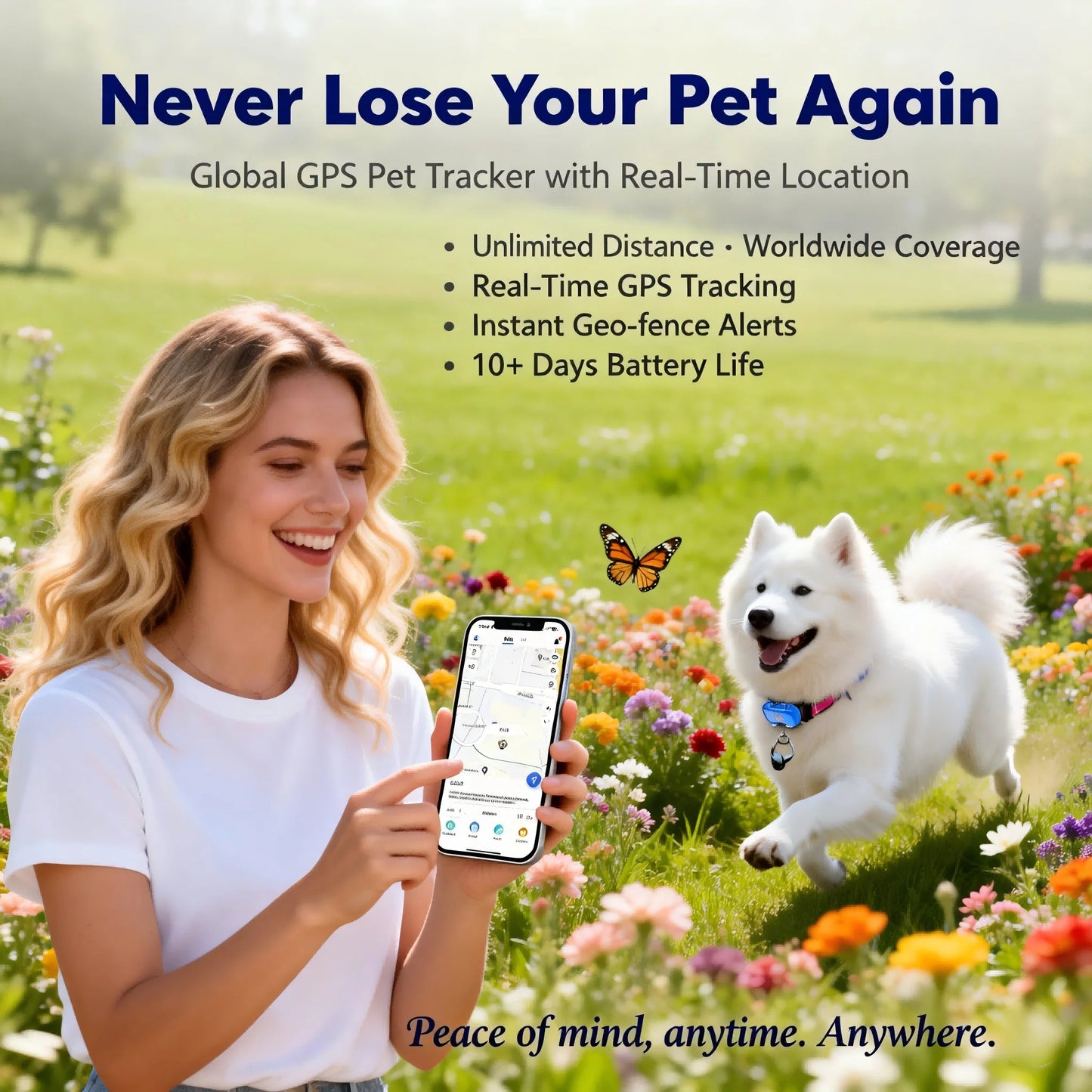 GPS Pet Tracker for Dogs Cats Built-in IoT Sim WiFi Tracking Unlimited Distance QR Code Anti-Lost Locator, Subscription Required