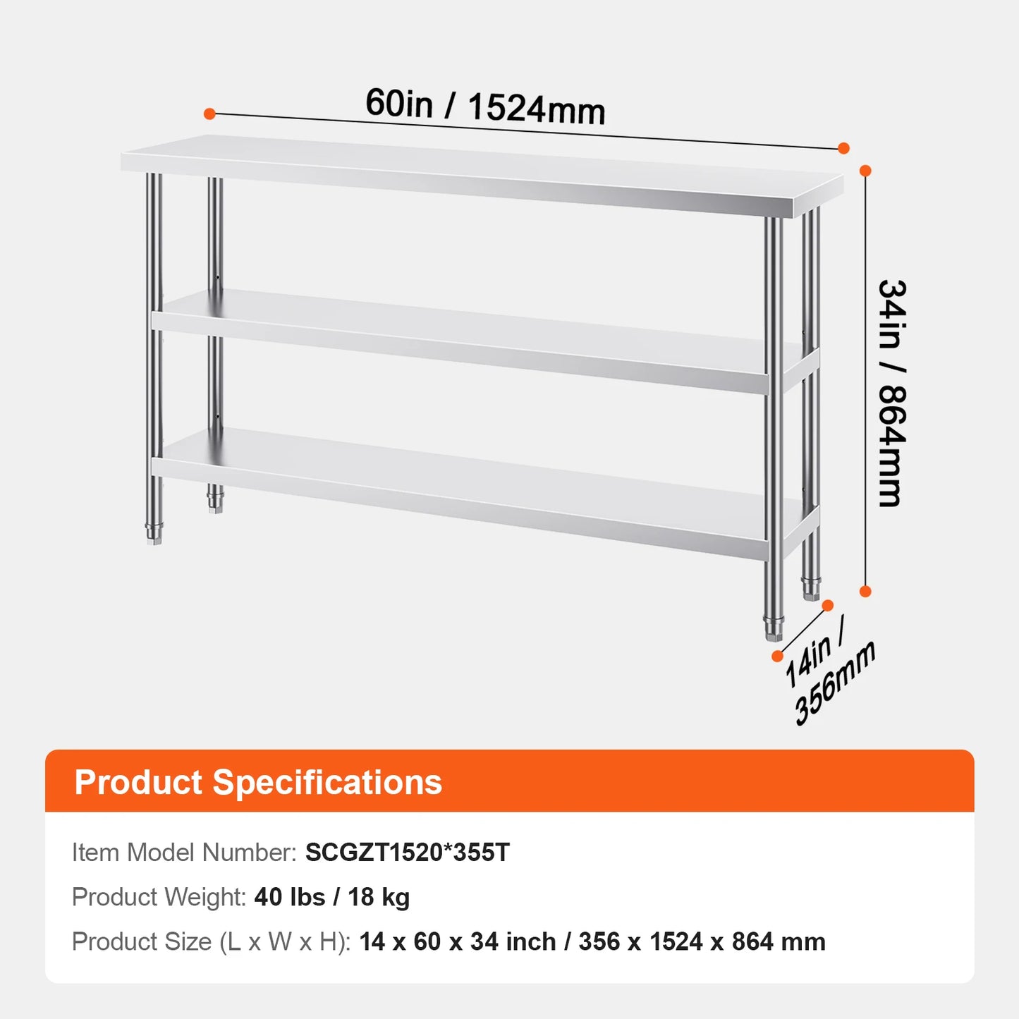 SucceBuy Stainless Steel Food Prep Table Commercial Kitchen Worktable with 2 Adjustable Undershelf for BBQ Kitchen Garage