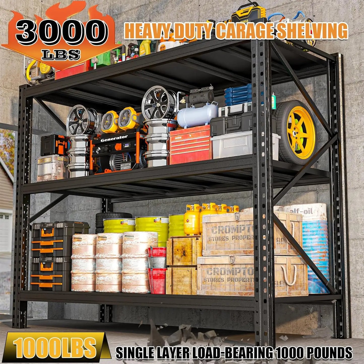 Heavy Duty Metal Garage Shelving Unit, 3-Tier Adjustable Storage Shelves, 3000LBS for Garage & Basement, Kitchen, Customized
