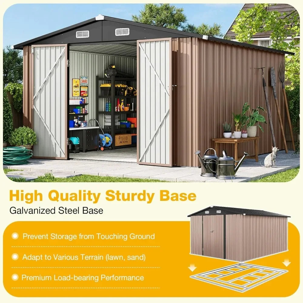 10x12 FT Outdoor Storage Shed with Floor Foundation & Lockable Double Doors, Heavy-Duty Galvanized Steel Outdoor Metal Shed