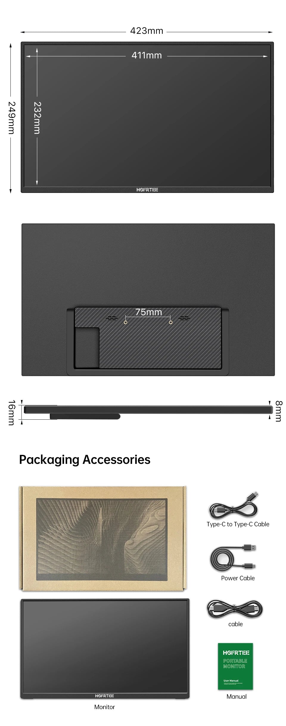 Portable Monitor 18.5 Inch Computer Gaming Display 100Hz 100% sRGB FHD 1080P Screen for Laptop Holiday Gift PC PS4/PS5