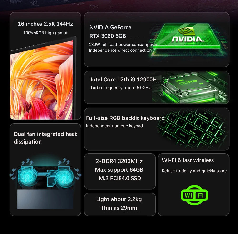 16.1 Inch Gaming Laptop Intel i7 8750H NVIDIA RTX 3060 6G 32GB DDR4 2TB SSD 144Hz RGB Keyboard WIFI 6 BT5.2 Windows11