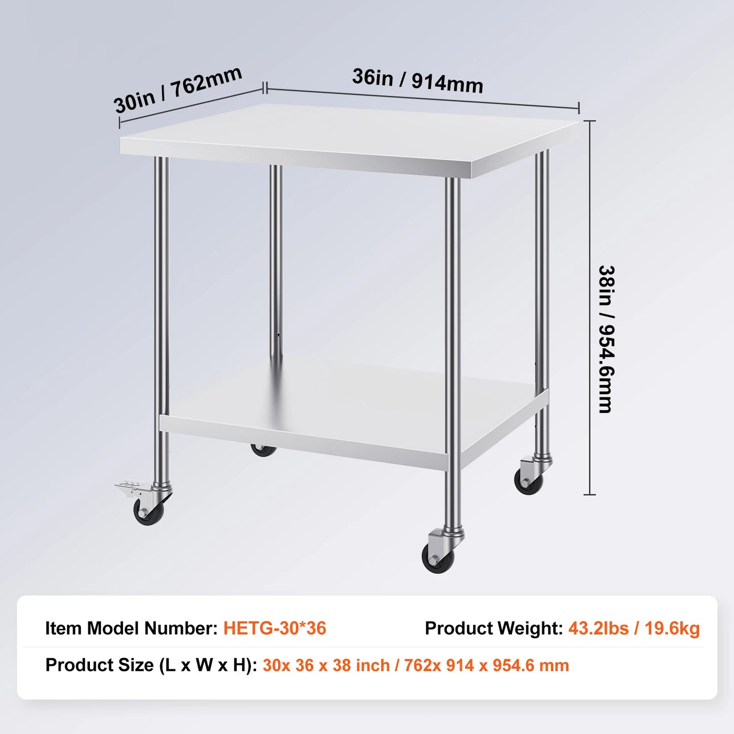 SucceBuy Stainless Steel Work Table with Wheels 3 Adjustable Height Levels Heavy Duty Food Prep Worktable for Commercial Kitchen