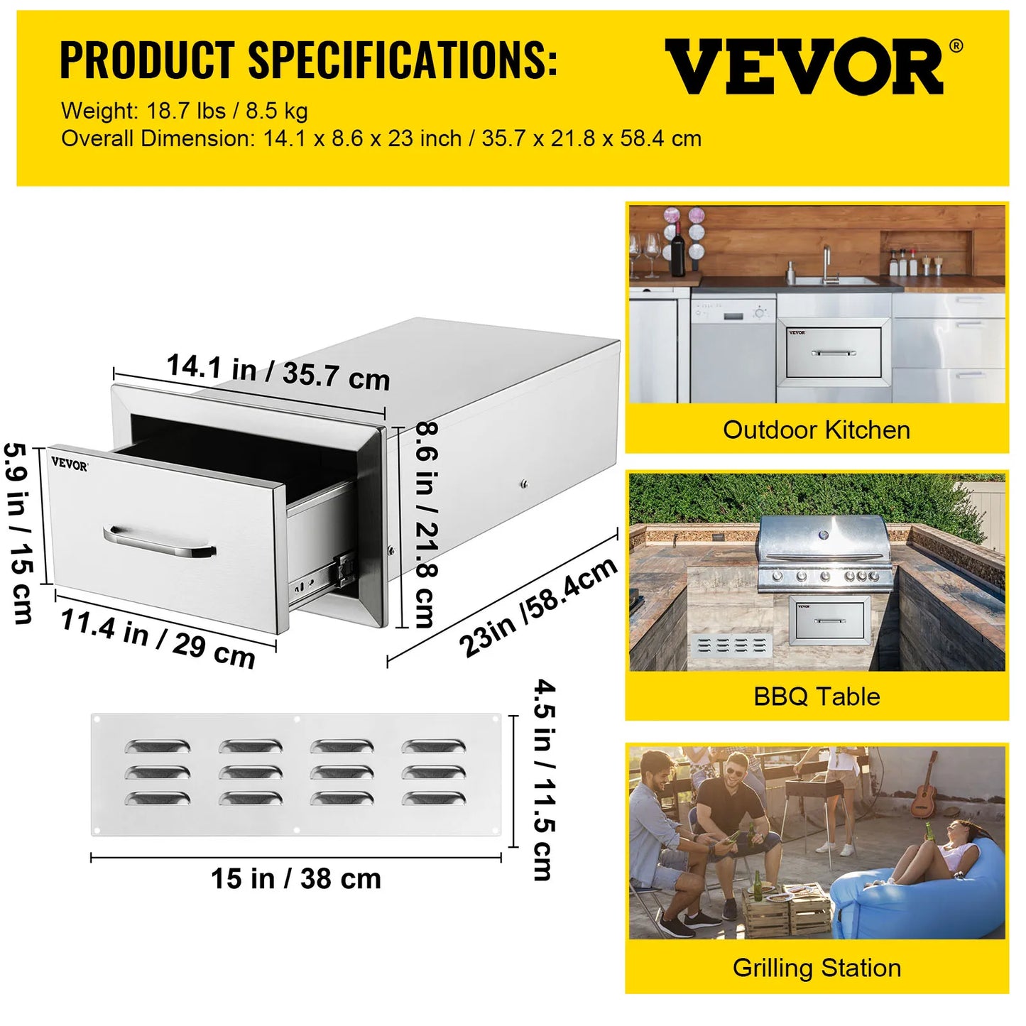 SucceBuy Stainless Steel Outdoor Kitchen Drawers W/ Handle Large Storage BBQ Island Great for Any Weather Condition