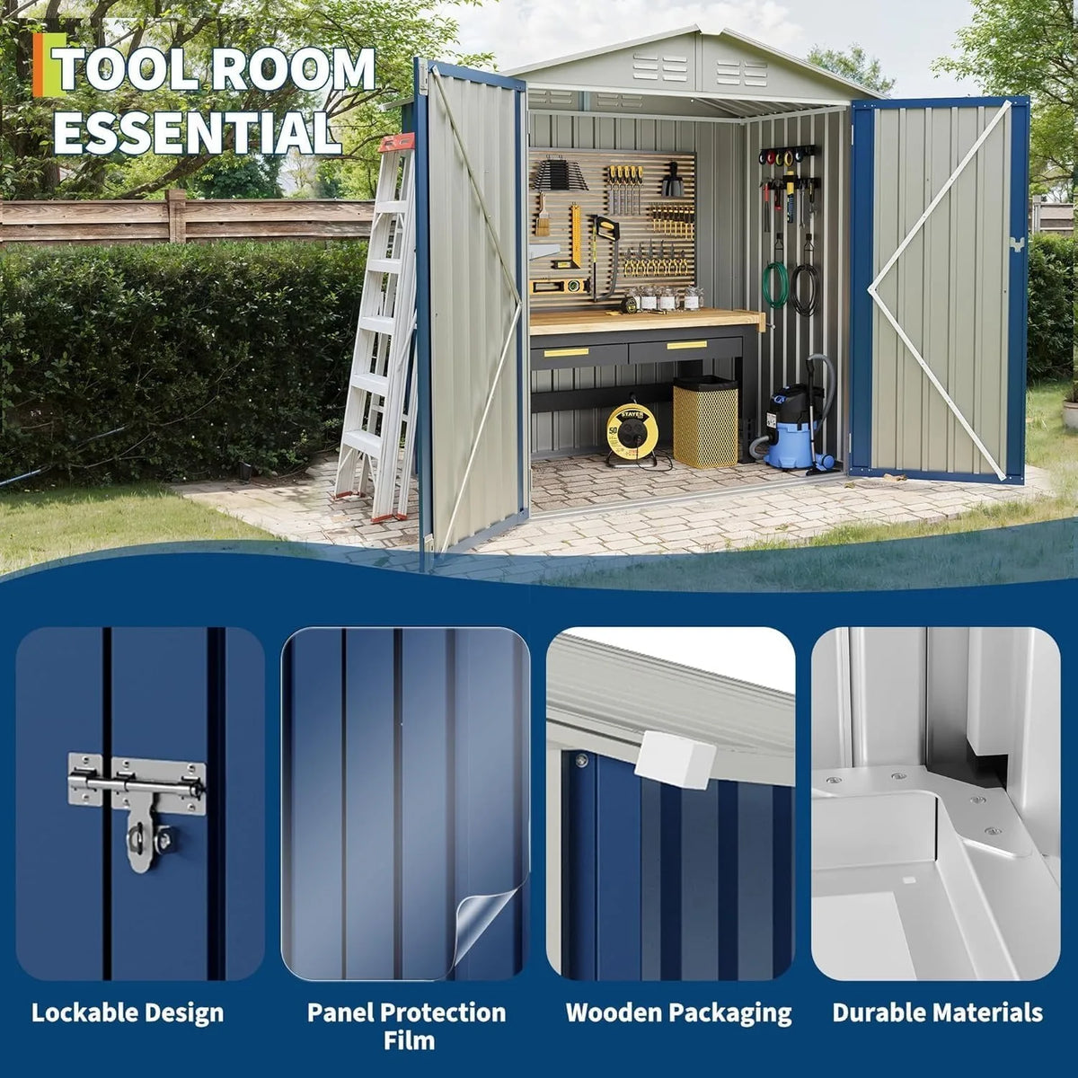 6x4 FT Outdoor Metal Storage Shed Waterproof Galvanized Steel Garden Shed with Lockable Hinged Door Ventilation Holes Reinforced Frame Backyard Tool Storage House for Lawn Equipment