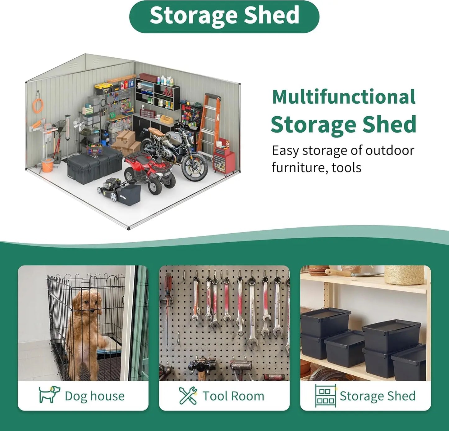 VIWAT 10x14FT Galvanized Steel Storage Shed, Reinforced Frame & Lockable Door, Garden Tool Shed for Backyard, Patio