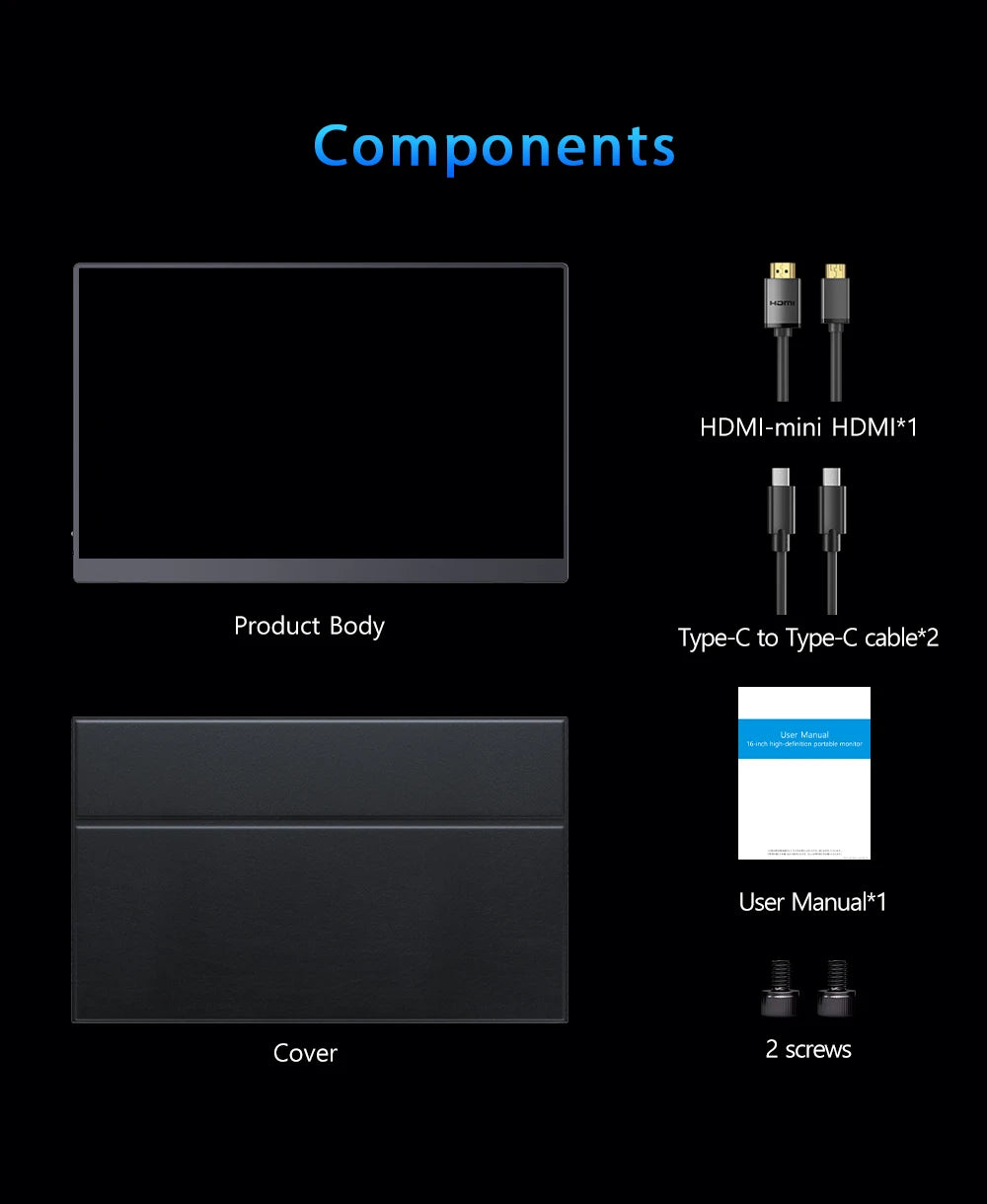 16" 2K Portable Monitor 2560*1600 16:10 100%sRGB 500Cd/m² 120Hz Gaming Display For Xbox PS5 Switch Laptop Mac Phone