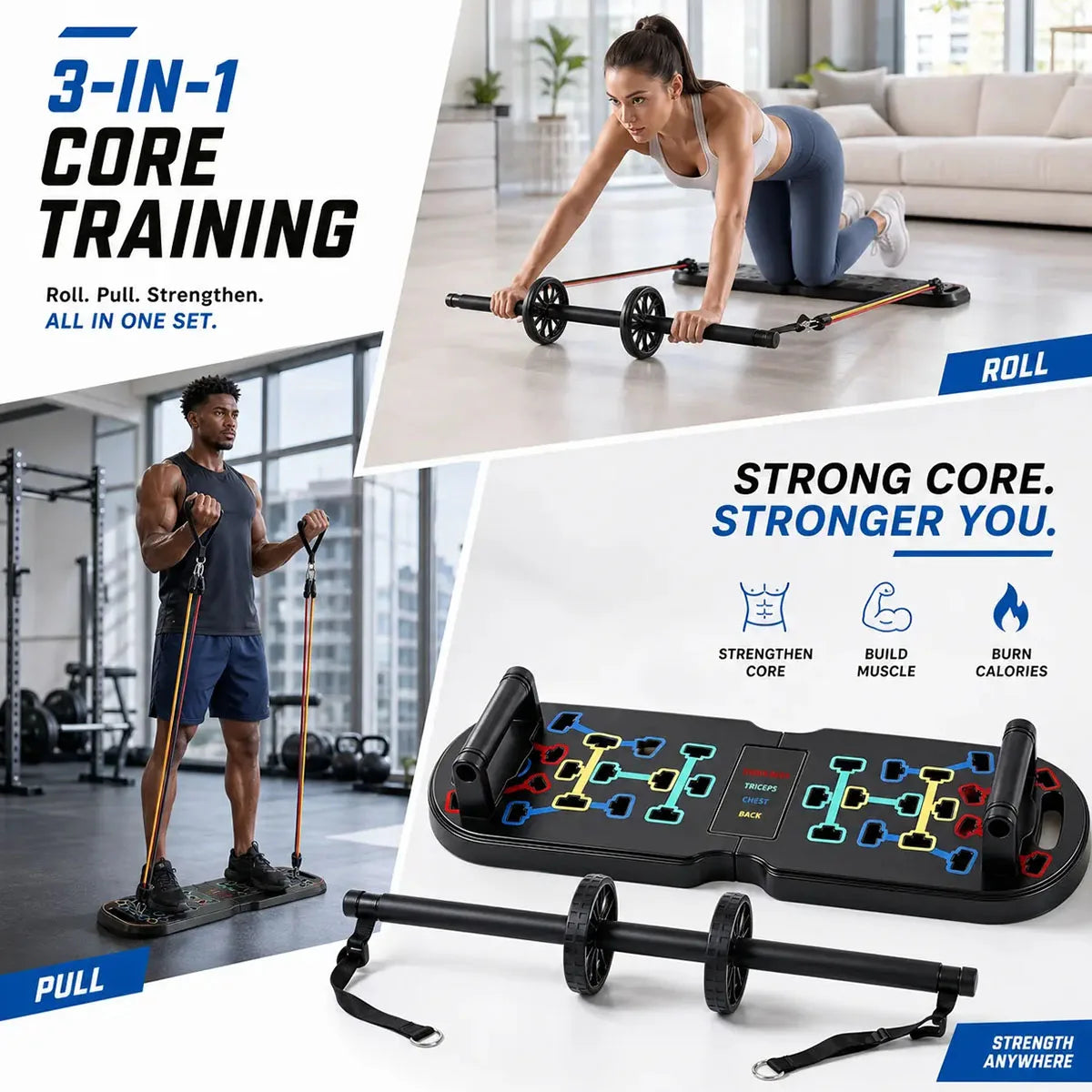 20 in 1 Portable Home Gym Workout Set Foldable Push Up Board with Resistance Bands Pilates Bar Ab Roller Hand Grip Trainer Full Body Fitness Equipment for Home Travel Exercise