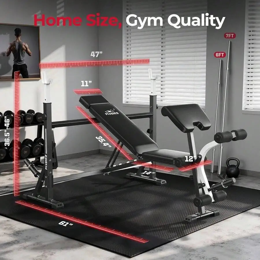 Adjustable Weight Bench, With Bench Press Rack, Leg Extension And Leg Curl, For Home Gym Workout (2 Size Options)