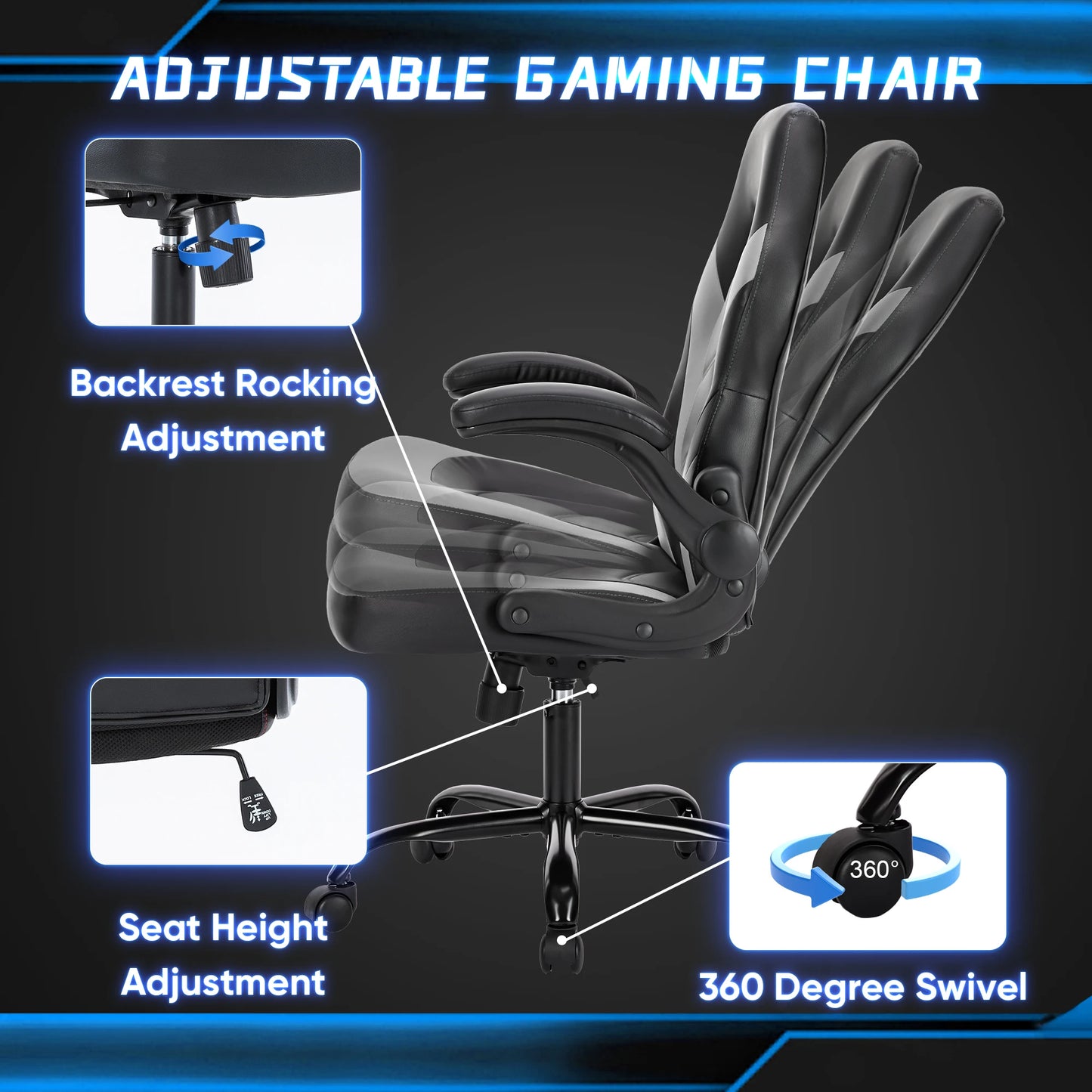 JHK Ergonomic Office Computer Home Gaming Desk Chair Adjustable PU Leather Racing Chair Flip-up Armrest