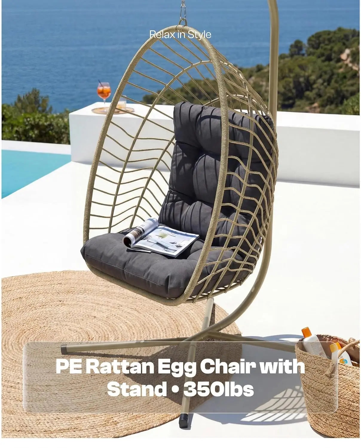 PE Rattan Egg Chair With Stand Hanging Swing Cushion Heavy Duty Metal Frame 350lbs Patio Porch Garden Bedroom 2pcs Customized
