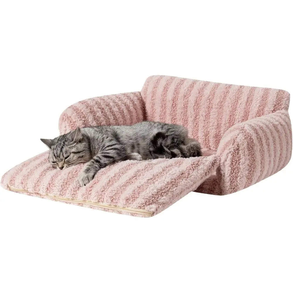 Double-Layer Orthopedic Plush Pet Couch, Multifunctional Sofa Nest Bed for Small Cats and Dogs, Pink (21x15x8 inch)
