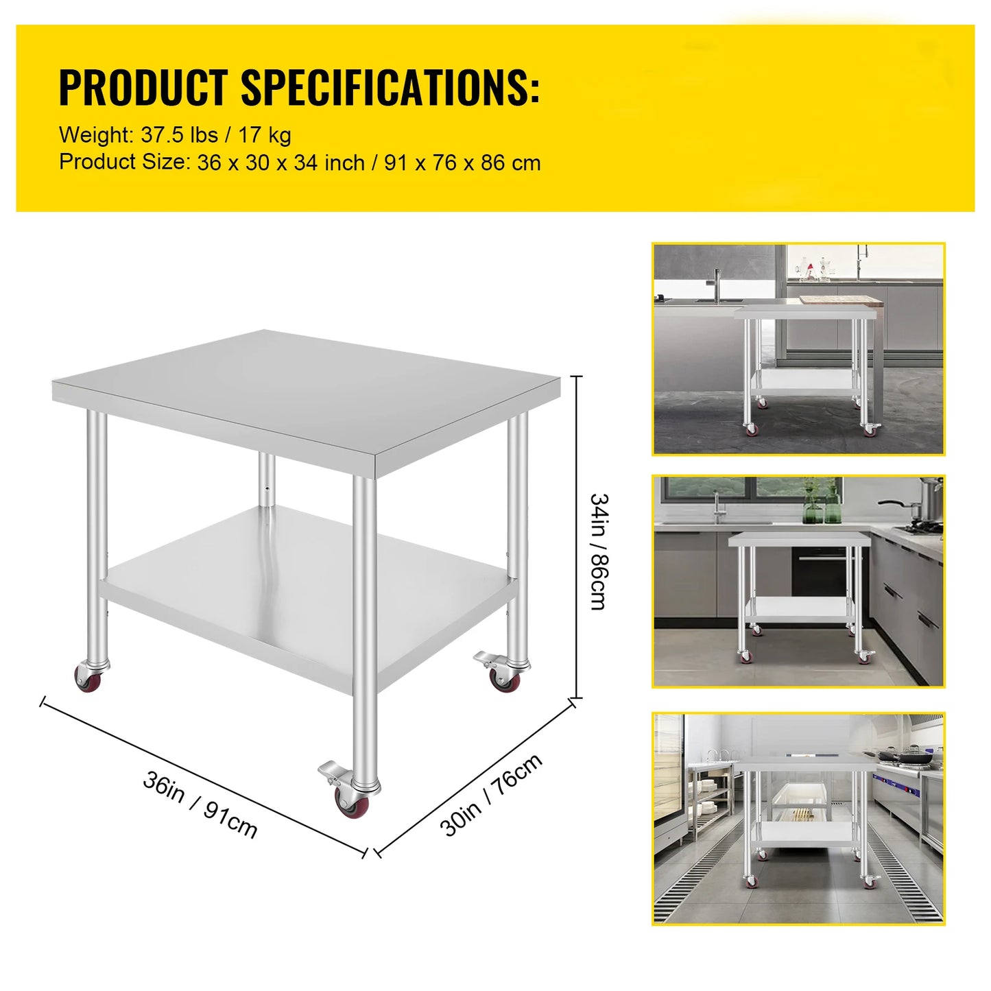 SucceBuy 36 x 30 inch Stainless Steel Work Table with 4 Wheels Heavy Duty Food Prep Worktable for Commercial Kitchen Restaurant