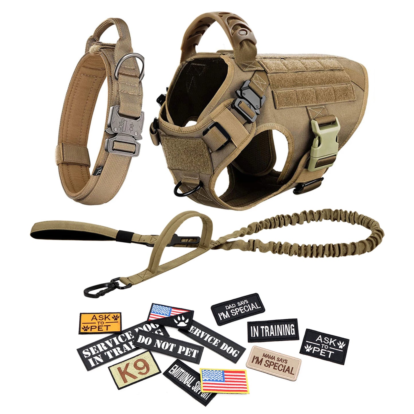 Dog Harness Leash Collar Patches Set for Medium Large Dogs Military Pet Vest Adjustable Tactical Dog Harnesses Training Walking