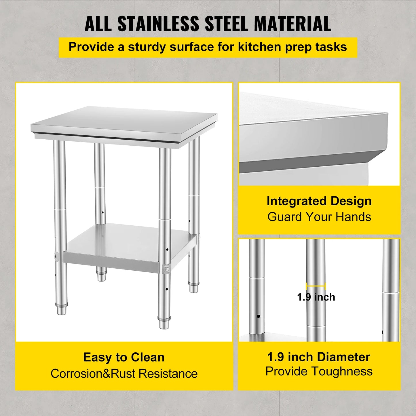 SucceBuy Stainless Steel Table for Prep & Work Metal Commercial Kitchen Heavy Duty Table with Adjustable Under Shelf and Foot