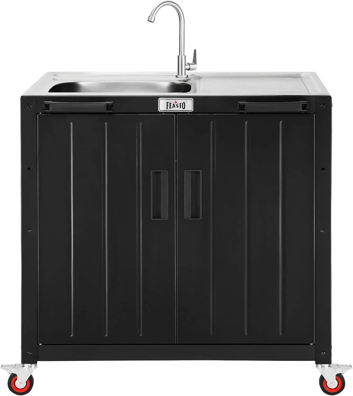 Outdoor Kitchen Island with Stainless Steel Sink and Storage Cabinet, 35-Inch BBQ Prep Station with Faucet & Lockable Wheels for