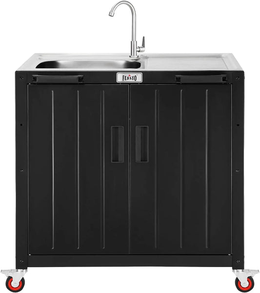 Outdoor Kitchen Island with Stainless Steel Sink and Storage Cabinet, 35-Inch BBQ Prep Station with Faucet & Lockable Wheels for