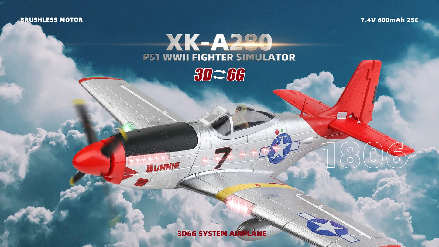 XK A280 P-51 3D/6G System 560mm Wingspan 2.4GHz 4CH EPP RC Airplane Fighter RTF With LED Lights Vehicles Toy Gift for Beginner