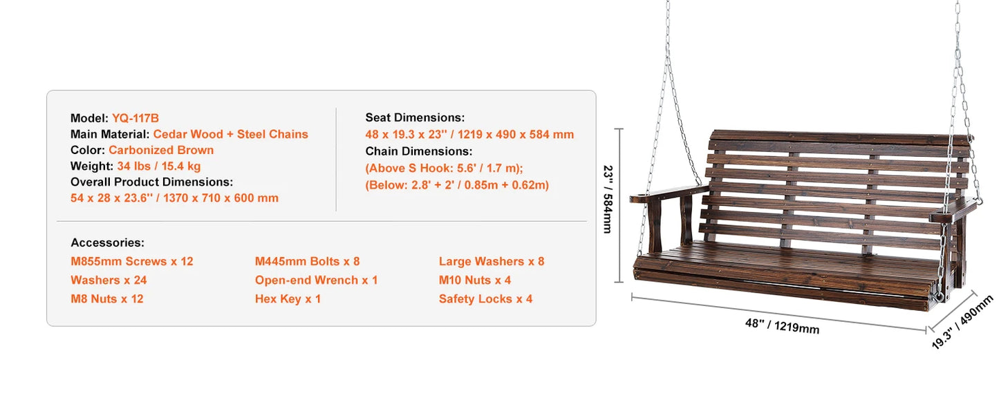 Wooden Porch Swing 5 ft Patio bench swing for Courtyard Garden Upgraded 880 lbs Strong Load Capacity Swing Chair Bench