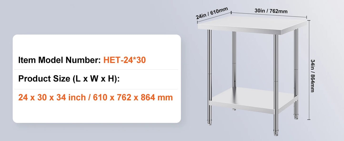 Stainless Steel Prep Table High Load Bearing with Undershelf Commercial Workstation for Kitchen Garage Restaurant Backyard