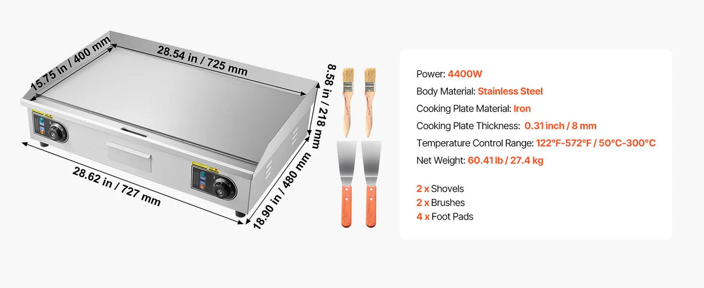 Commercial Electric Griddle 50-300°C Adjustable Temp Control, Stainless Steel Countertop Flat Top Grill for Steak Panc