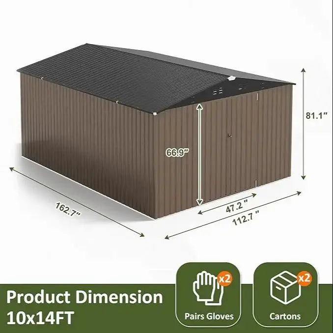 VIWAT 10x14FT Galvanized Steel Storage Shed, Reinforced Frame & Lockable Door, Garden Tool Shed for Backyard, Patio