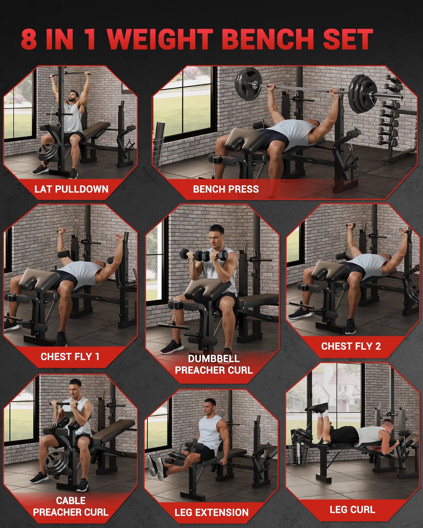 Adjustable 4-in-1 Weight Bench Set with Leg Developer Barbell Rack Butterfly Arm Preacher, Foldable Workout Bench for Home Gym