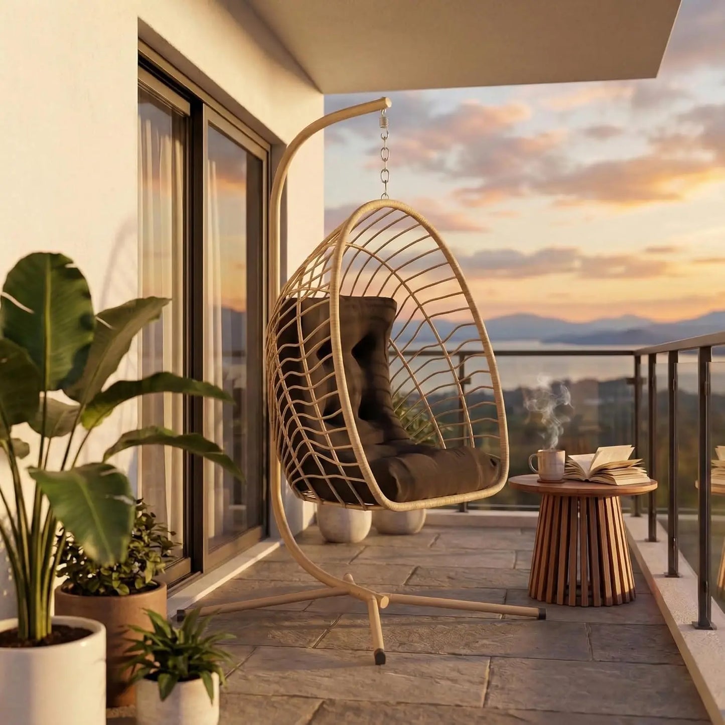 PE Rattan Egg Chair With Stand Hanging Swing Cushion Heavy Duty Metal Frame 350lbs Patio Porch Garden Bedroom 2pcs Customized