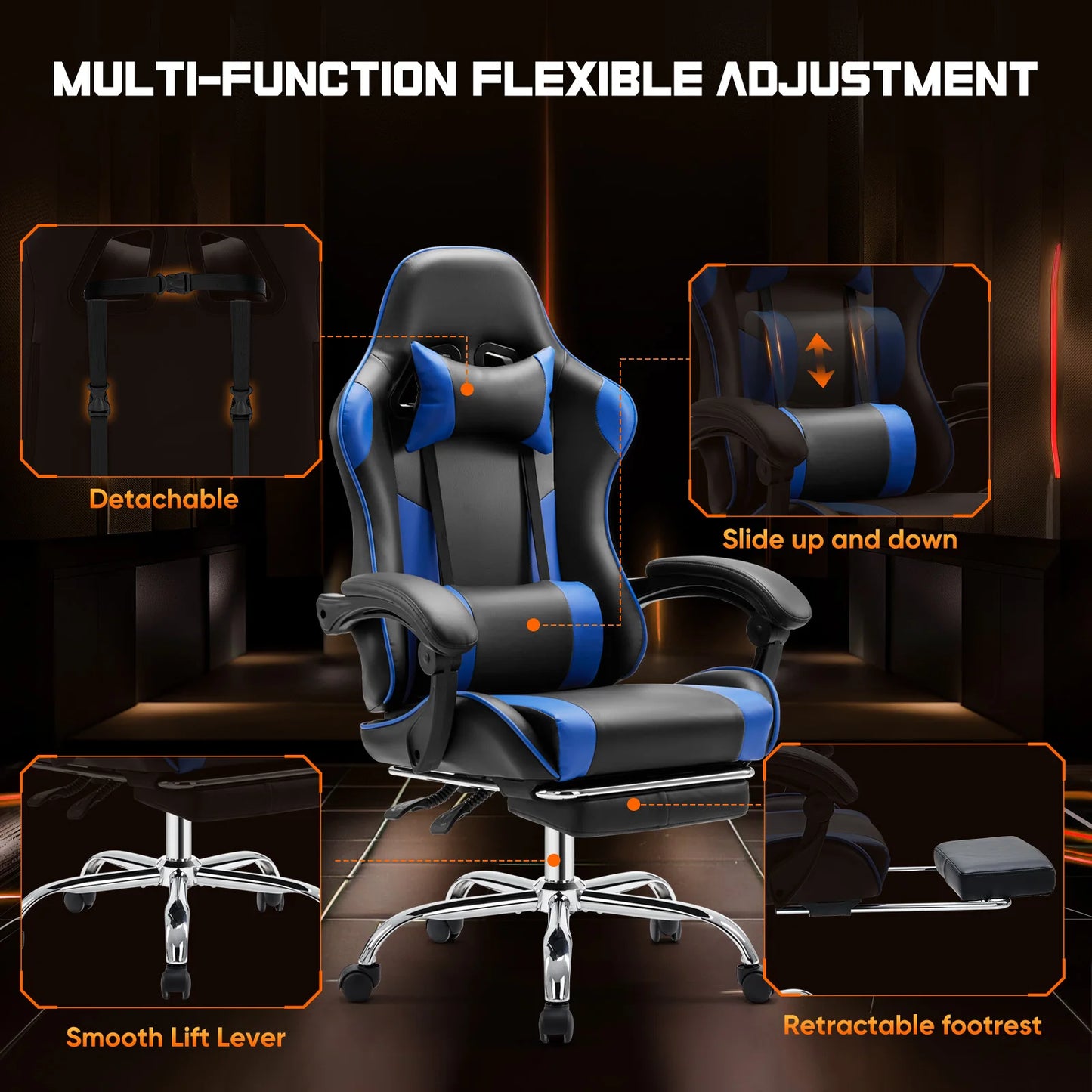 Ergonomic Racing Gaming Chair Adjustable Swivel PU Leather with Headrest and Lumbar Support For Office Computer Living Room