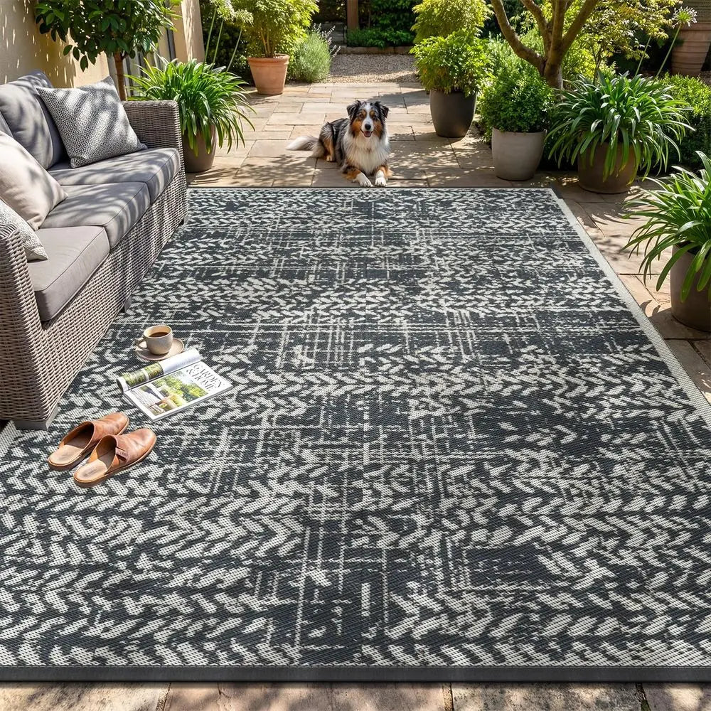 Waterproof Patio Rug Mat Outdoor RV Camping Picnic Beach Mat Plastic Straw Rugs Area Rugs for Balcony Deck Backyard Grey