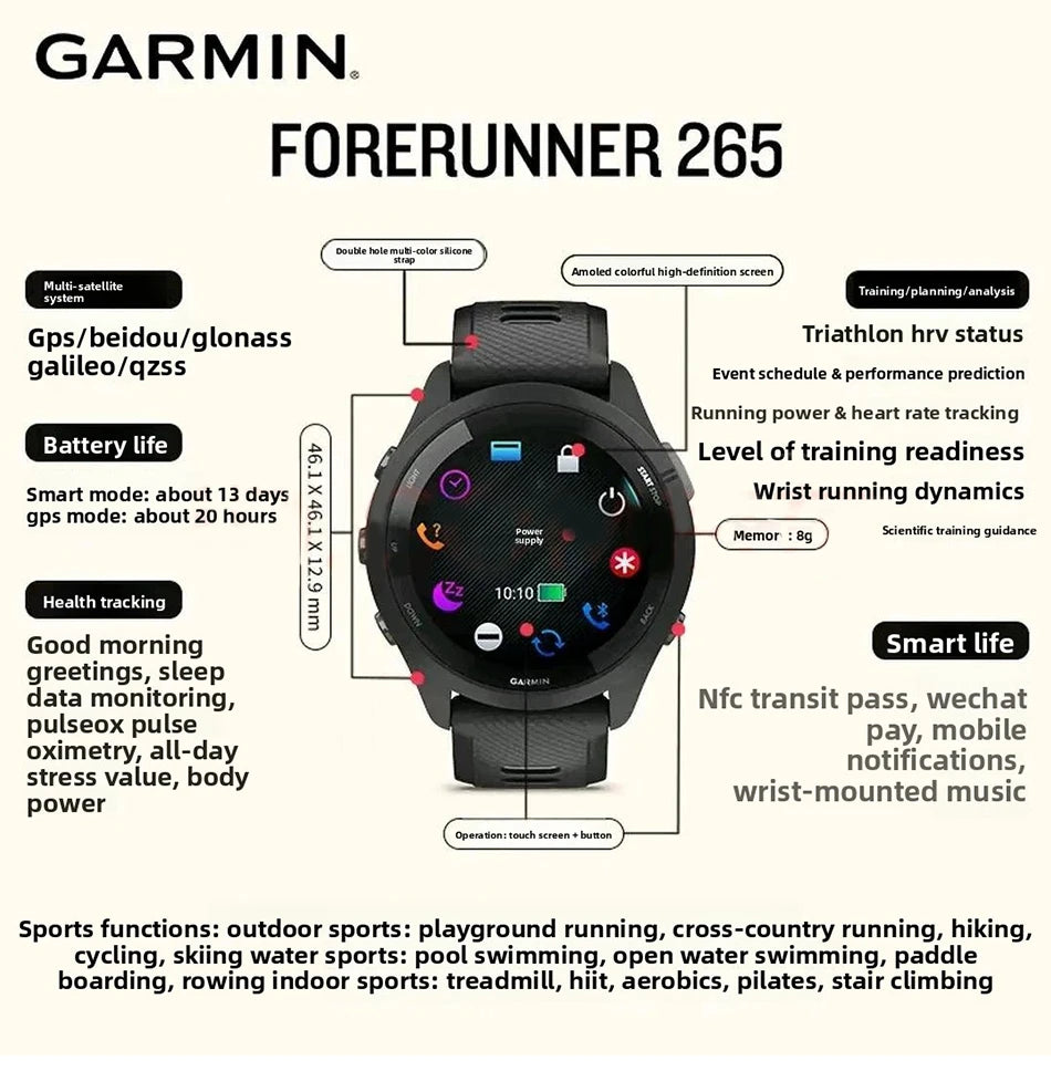 Garmin Forerunner 265 GPS 46mm Smartwatch 1.3" AMOLED Touchscreen Display Heart Rate Monitoring Training Metric Message Notice