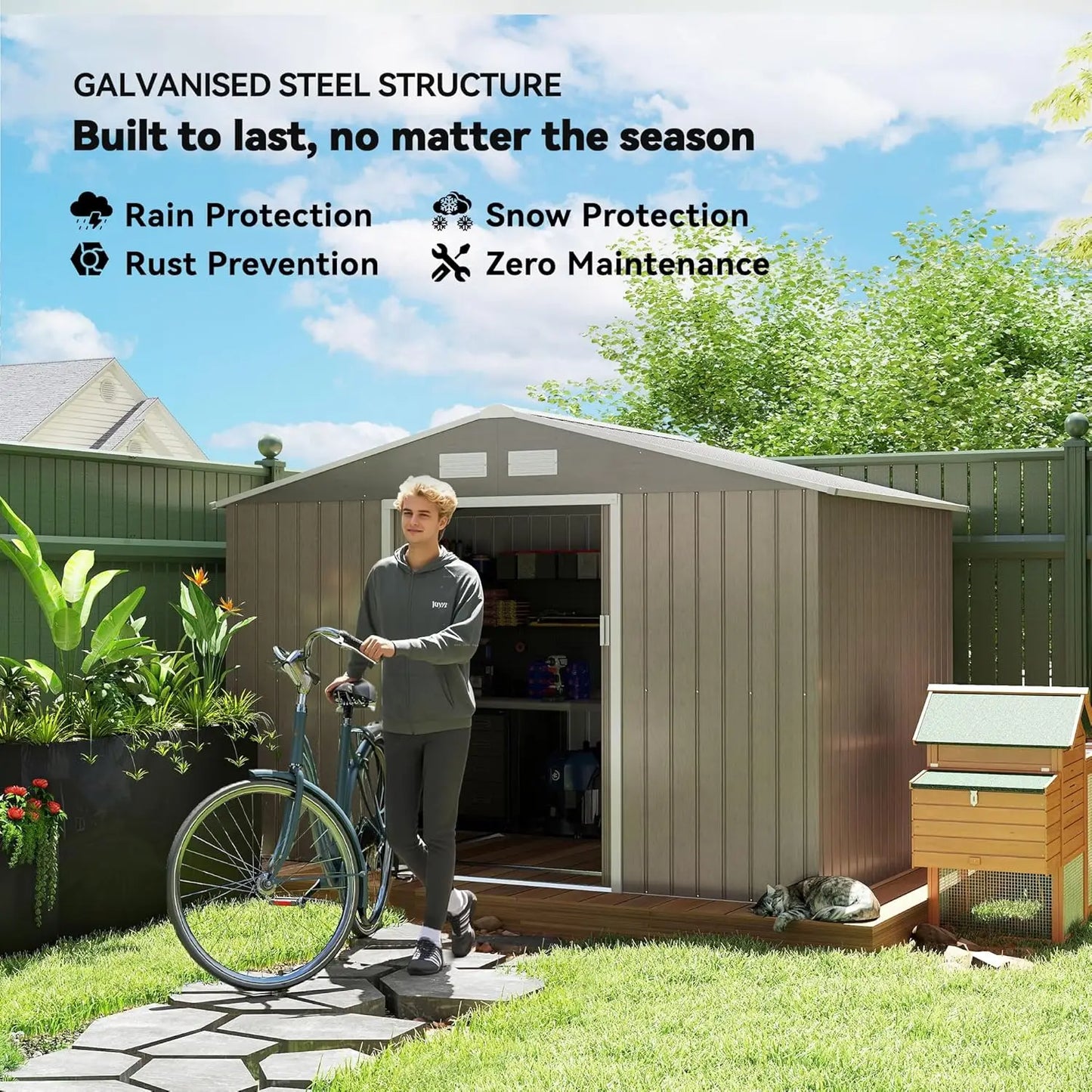 9x6ft Metal Outdoor Storage Shed Tool House Double Lockable Door Air Vents Sloping Roof Backyard Patio Lawn Customized