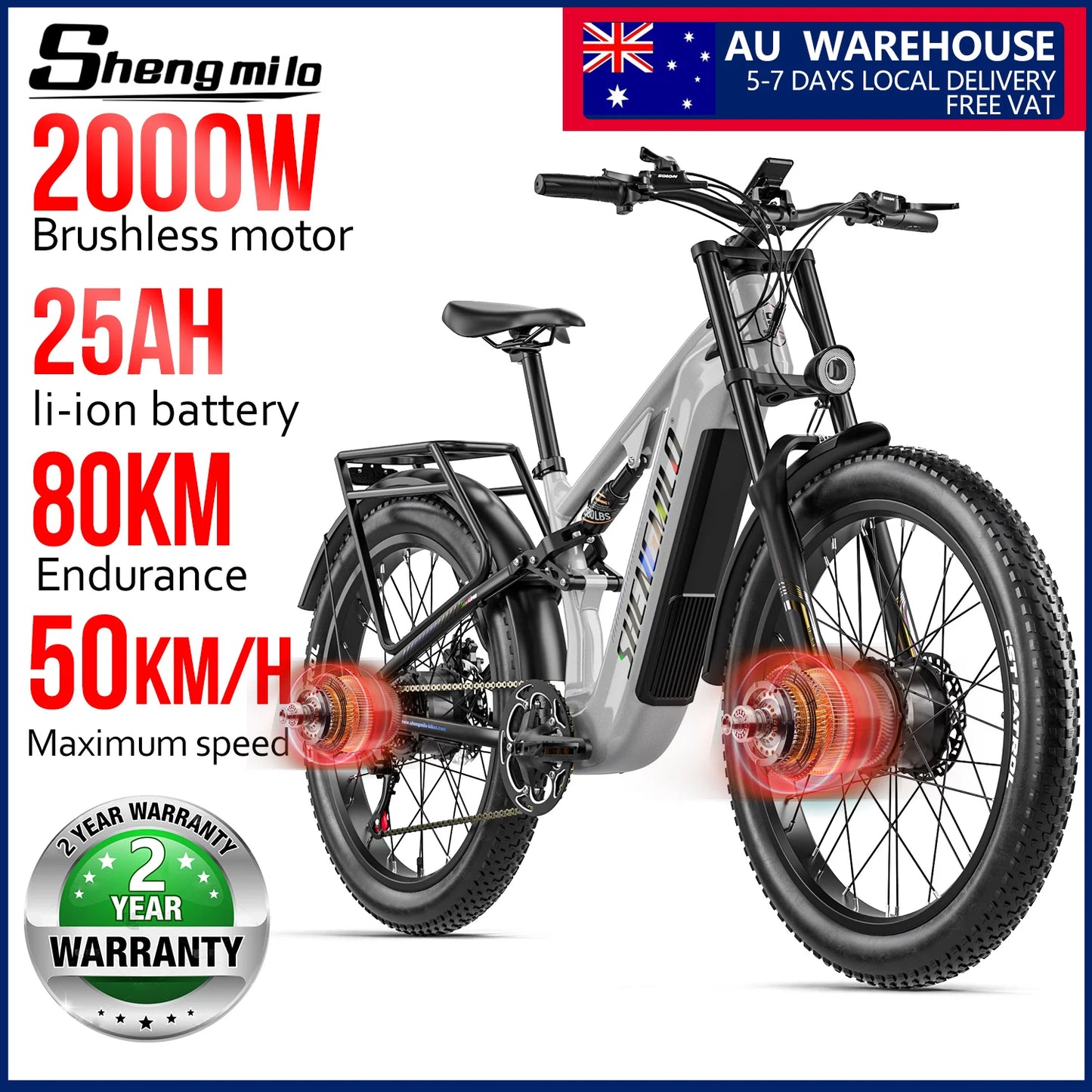 Shengmilo S600 26 inches adult electric mountain bike, 2000W dual motor ebike 7-speed electric bicycle，Fat Tire ebike17.5ah