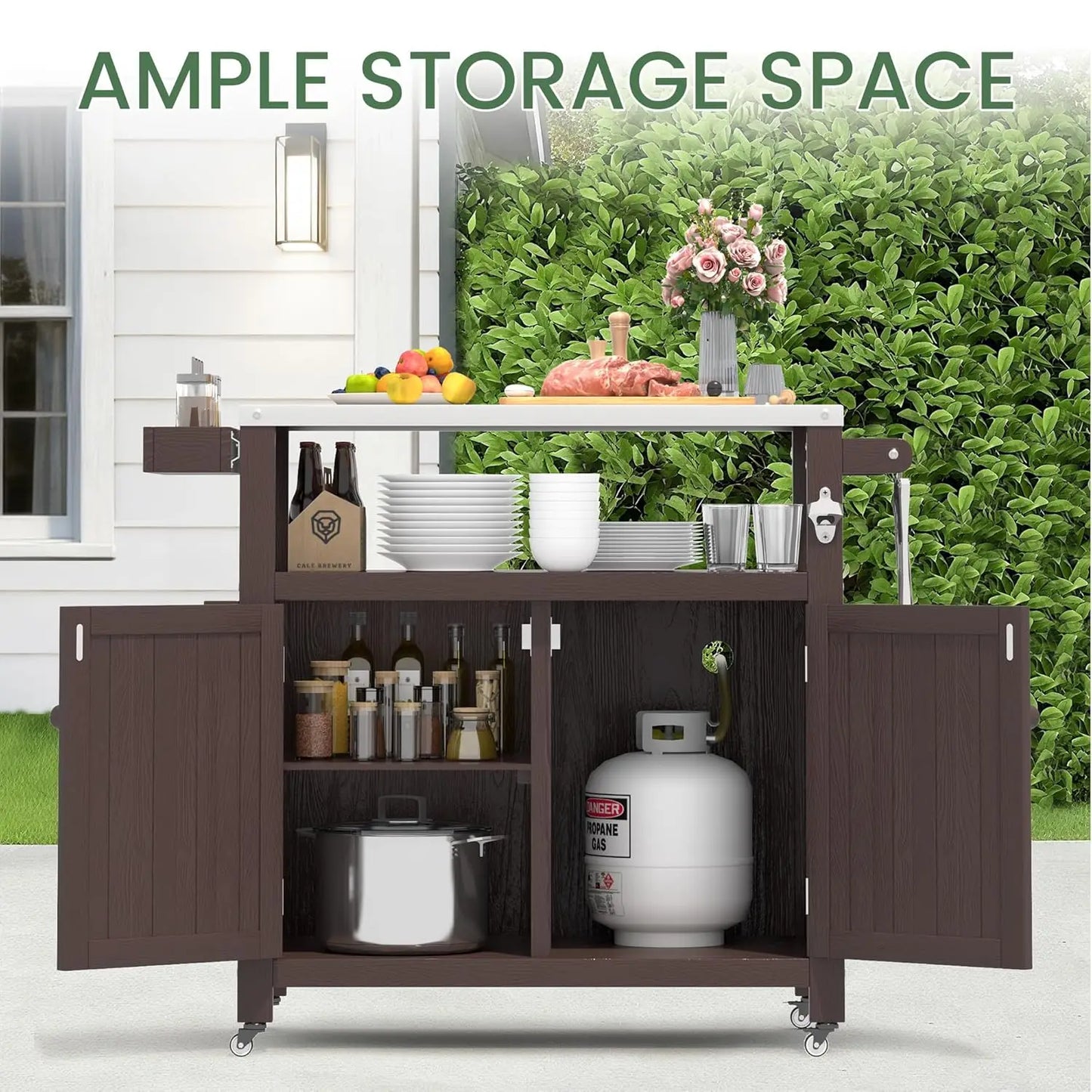 HIPS Outdoor Kitchen Island Stainless Top Cabinet Wheels BBQ Prep Brown, Customized