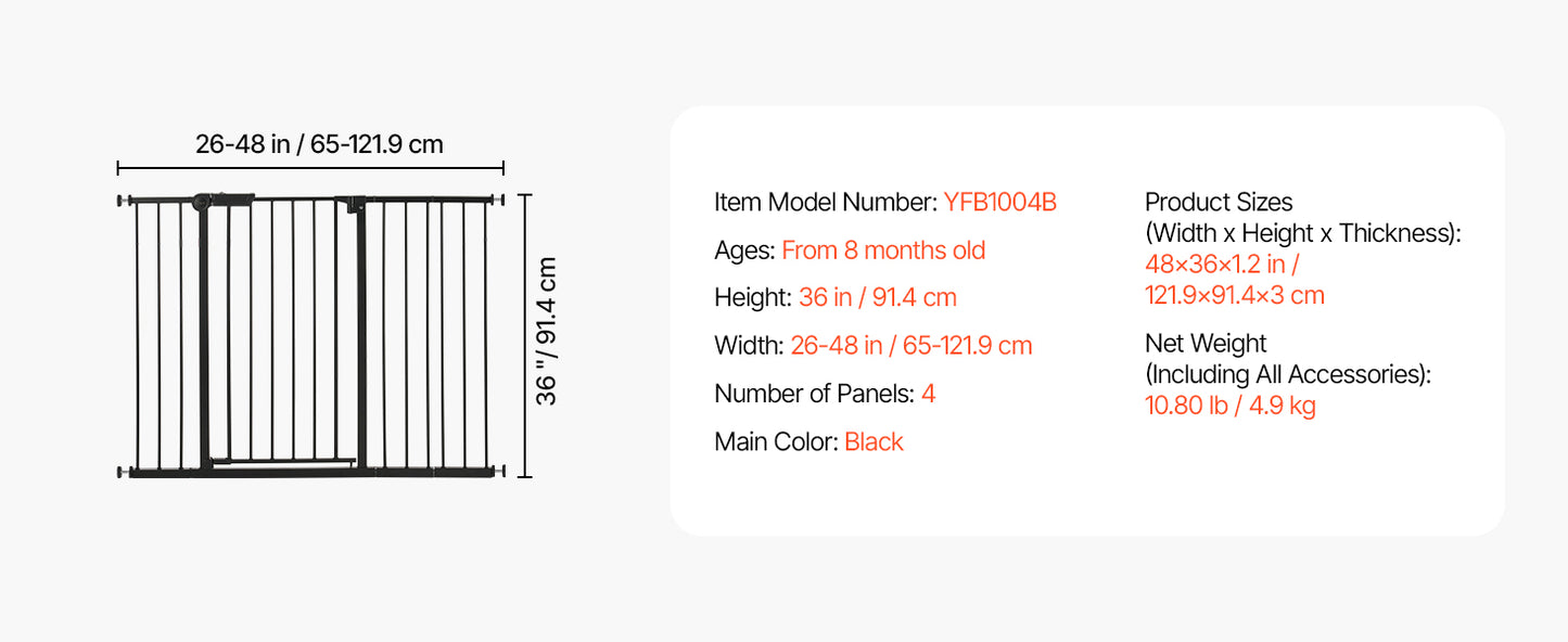 Baby Gate 28/30/36 Inches High Dog Gate Easy Step Walk Thru Child Pet Security Pressure Mount Kit Wall Cups Doorways