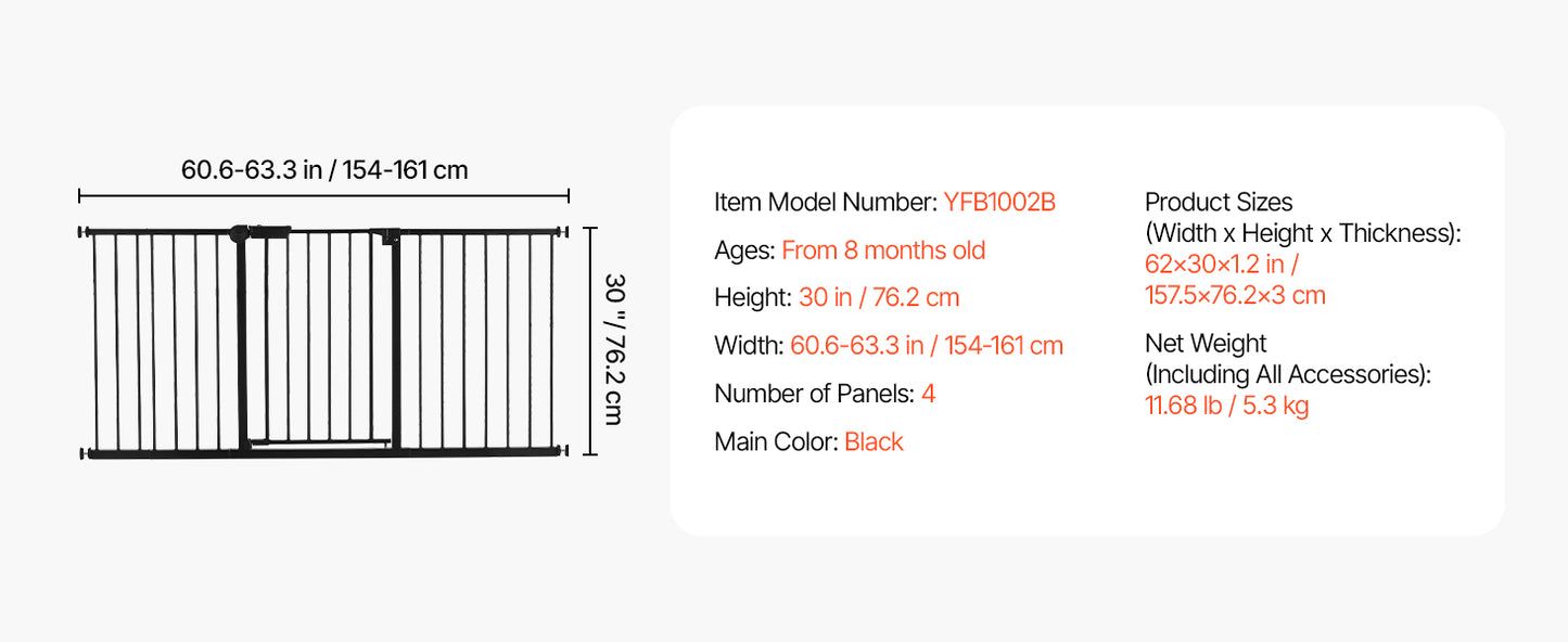 Baby Gate 28/30/36 Inches High Dog Gate Easy Step Walk Thru Child Pet Security Pressure Mount Kit Wall Cups Doorways