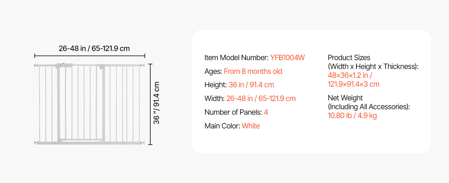 Baby Gate 28/30/36 Inches High Dog Gate Easy Step Walk Thru Child Pet Security Pressure Mount Kit Wall Cups Doorways